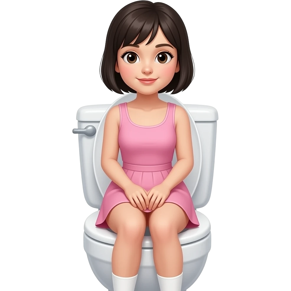 chica con ropa color rosa, de cabello oscuro y corto sentada en un inodoro del baño emoji