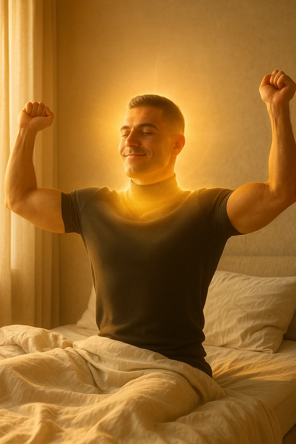 A cinematic photo of a man stretching in bed just after waking up, the morning sunlight flooding the room. His skin glows slightly, expression rested and serene. Muscles subtly defined, energy flowing through his posture. The air is filled with a golden calm. A symbolic glow surrounds his head and chest, representing mental clarity and physical recovery. The scene is clean, natural, minimalist. Rich in textures and realistic warmth. emoji