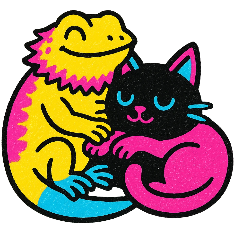 a bearded dragon and a black cat cuddling, playful, vibrant colors, pop colors style emoji