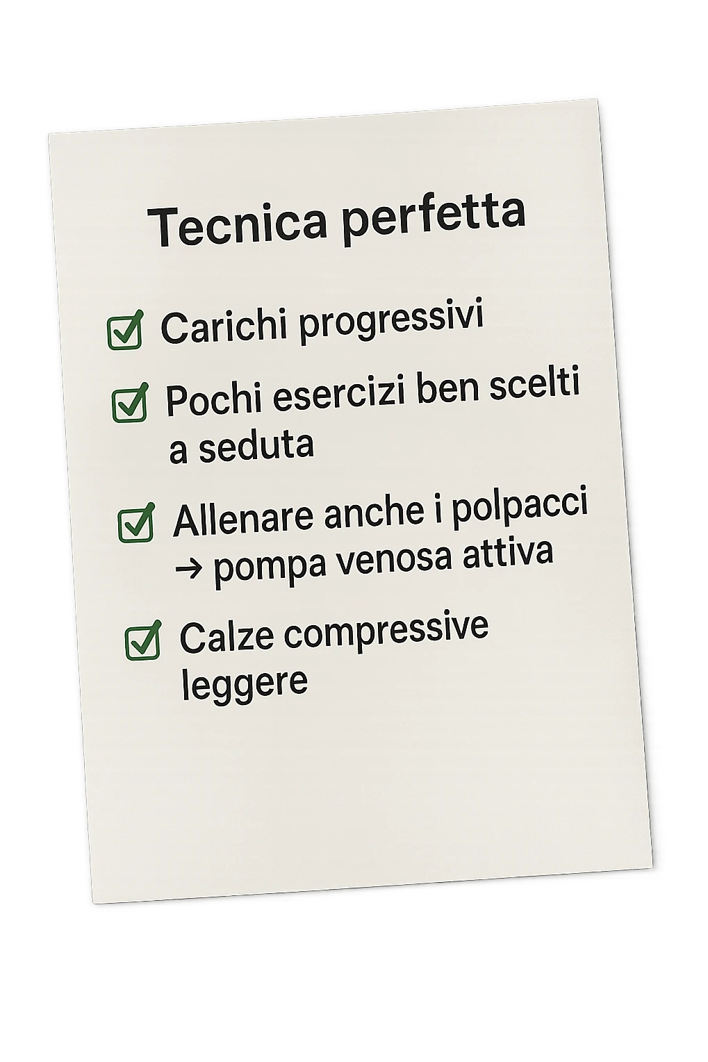 FOGLIO DI CARTA PER L'ALLENAMENTO IN PALESTRA CON LA SCRITTA "Tecnica perfetta
 ✅ Carichi progressivi
 ✅ Pochi esercizi ben scelti a seduta
 ✅ Allenare anche i polpacci → pompa venosa attiva
 ✅ Calze compressive leggere" , IPERREALISTICA 4K emoji