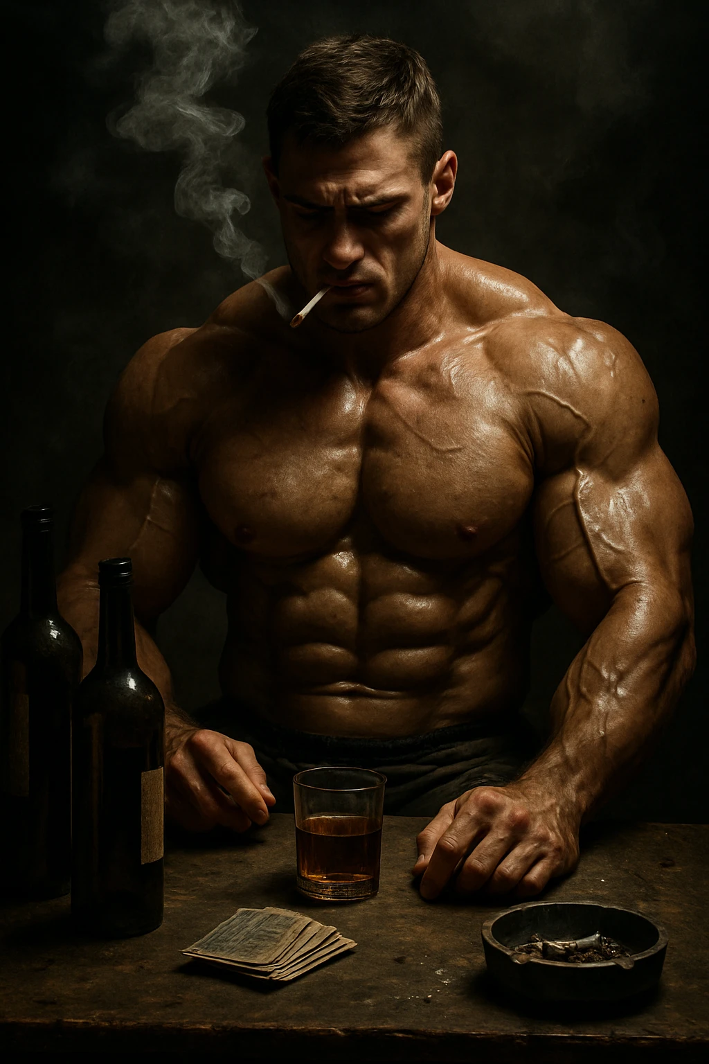 vertical realistic scene of a muscular bodybuilder surrounded by vices such as smoke, alcohol, and other harmful behaviors, dramatic atmosphere, natural details, 2:3 aspect ratio emoji