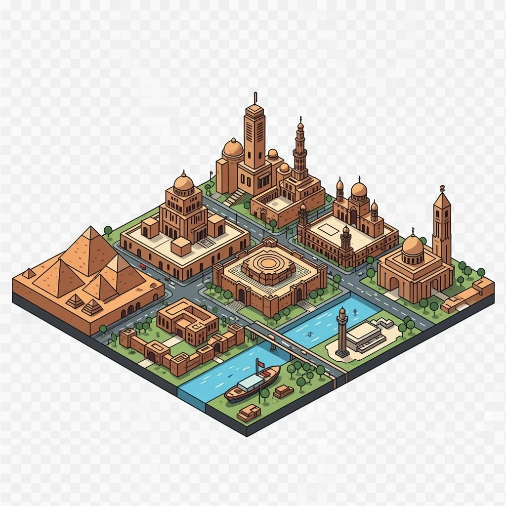 Isometric minimalistic illustration of Cairo, subtle 3D miniature effect and Tilt Shift effect, no cartoonish look, transparent background. emoji