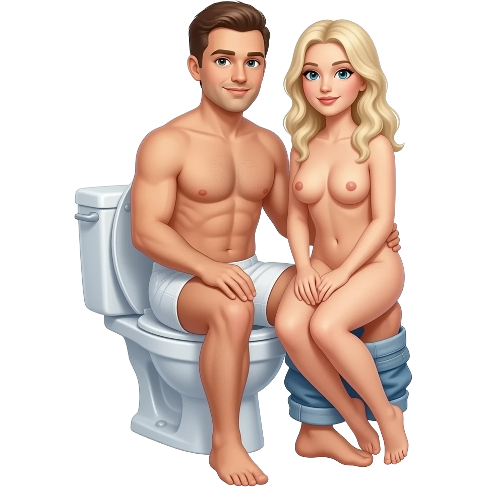A naked man sits on the toilet. A naked white blonde woman sits on his lap emoji