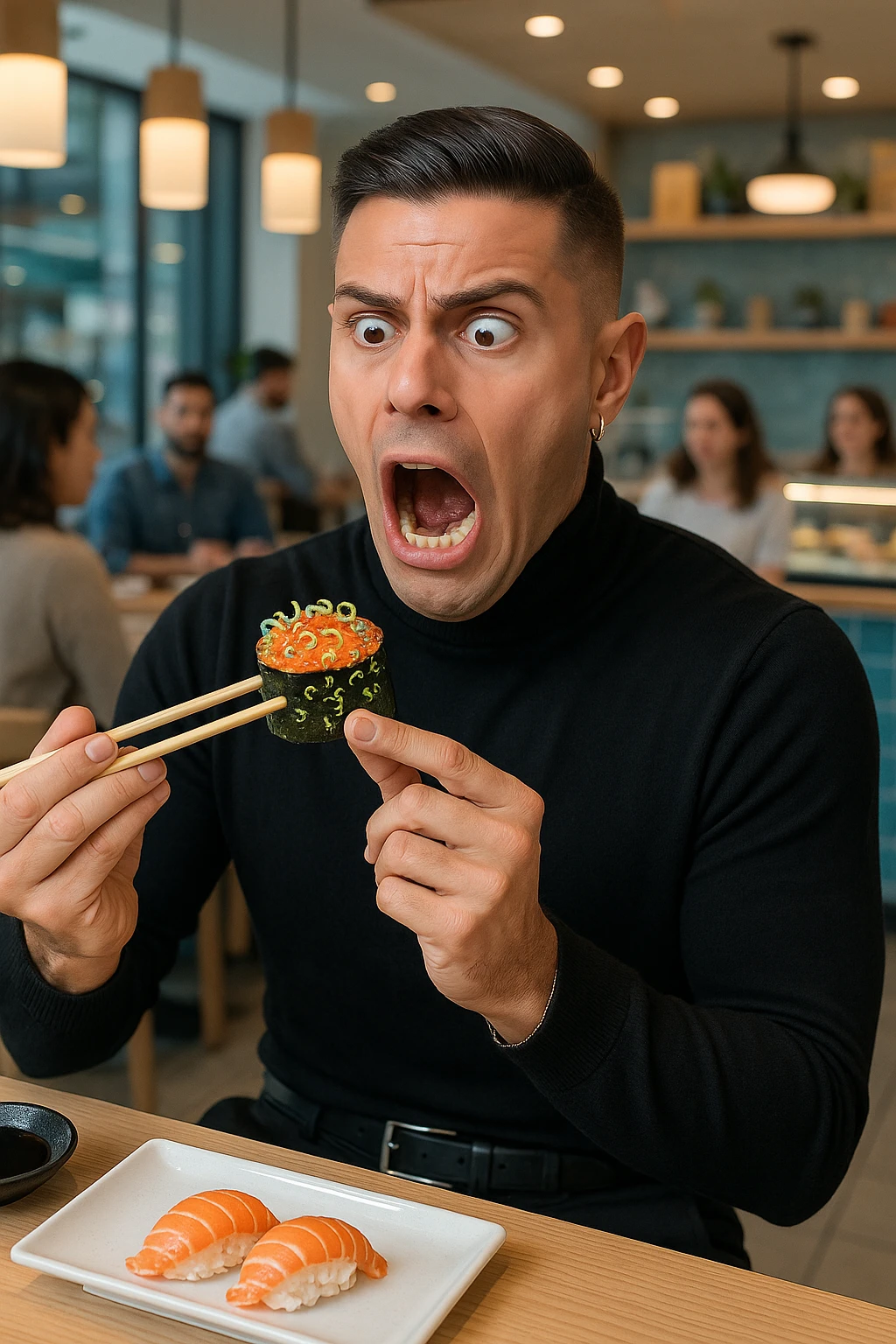 a man in casual clothes is about to eat a salmon gunkan at a sushi restaurant. As he brings it closer, he spots tiny parasites and bacteria wriggling on the fish. His face contorts in a dramatic expression of shock and alarm, with his hand frozen mid-air. The setting is a modern sushi bar, with other diners in the background unaware of the situation. emoji