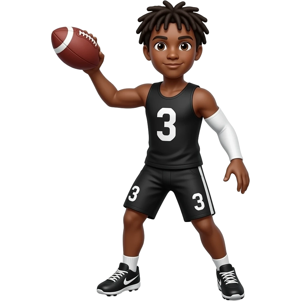 Brown skin teenager with dreadlocks black tank top number 3 black shorts number 3 white arm sleeve Nike cleats throwing the football emoji