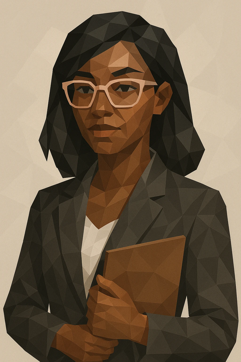 brown-skinned working woman with black hair and light pink eyeglass frames, professional attire, neutral background, modern illustration style emoji
