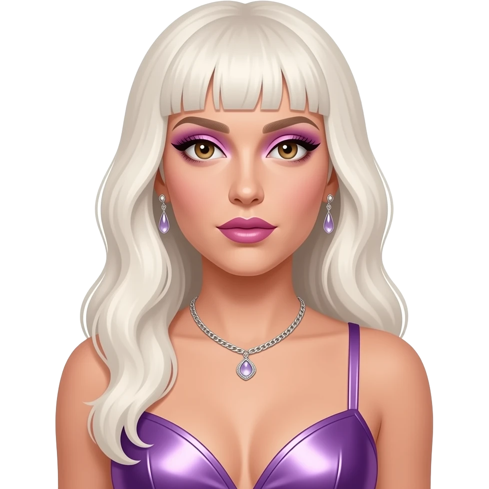 Lady Gaga with hazel eyes, long white blonde hair, lavender pink eyeshadow and lipstick, lavender metallic pop outfit, necklace and earrings emoji
