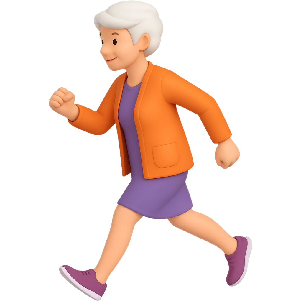 Change the walking pose of the elderly woman with short hair to a brisk walk. Keep the 3D emoji style look in mind while editing. emoji