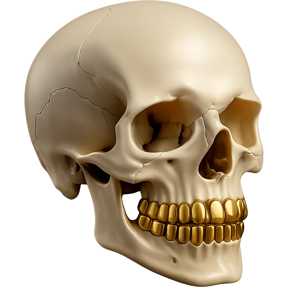 Add gold teeth to the 3d realistic skull, keep the white bone and dramatic lighting, with no background. emoji
