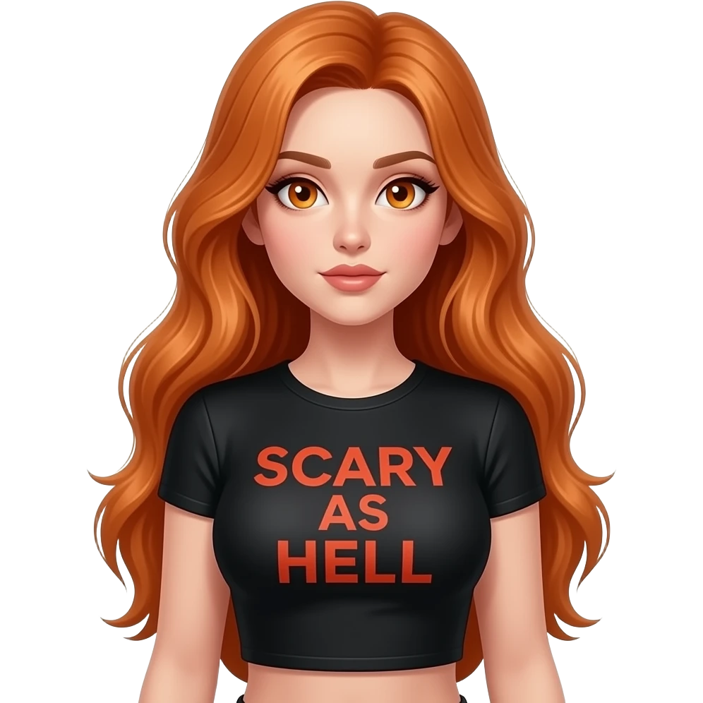 sexy girl with overlong ginger hair and ginger eyes a top with SCARY AS HELL  written on it emoji