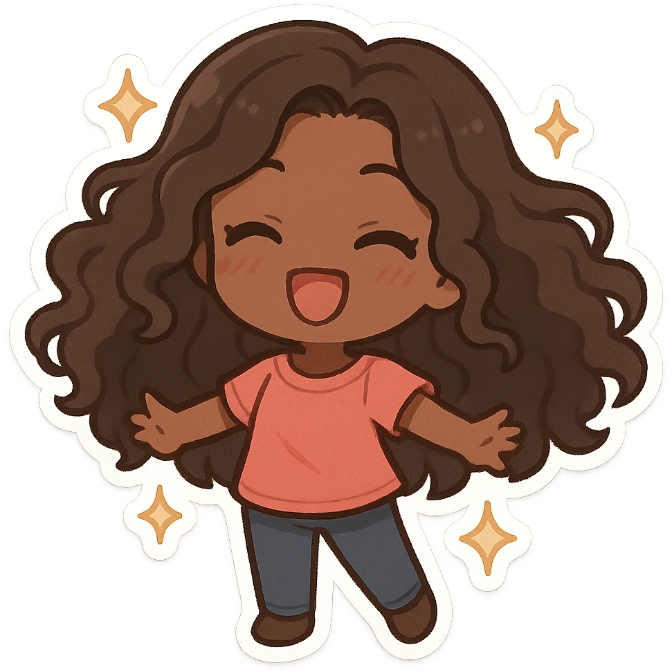 chibi anime style, Black girl with long curly hair, hair waving, smiling, sparkles around, white background emoji