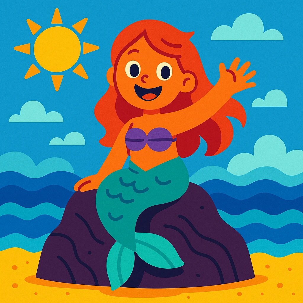 A cheerful little mermaid sitting on a rock, waving to the viewer, with a big smile, in a colorful illustration style. emoji