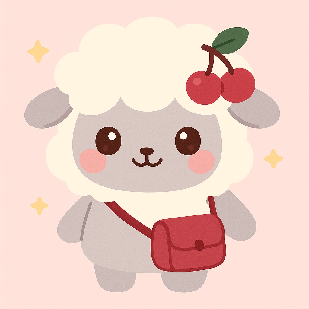 kawaii sheep with creamy white wool, pastel gray body, cherry pink blush, dark brown eyes with highlights, cherry hair clip deep cherry red green leaf, cherry red satchel accessory emoji