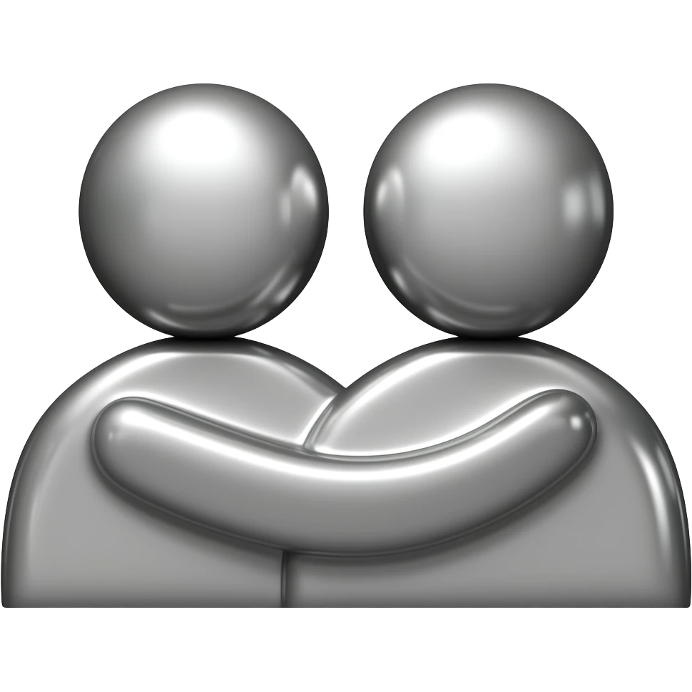 Take the 🫂 2 people hugging emoji and recreate it as a 3D chrome metallic icon.  Liquid silver material, glossy reflections, black and white only,  dramatic studio lighting, white background,  ultra sharp render, 512x512px, no text,  same shape and silhouette as the original emoji emoji