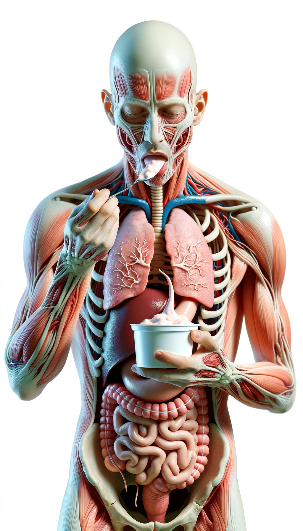 corpo umano anatomico con intestino in evidenza mentre mangia uno yogurt con espressione neutra in volto, iperrealistico 4k, isolato su sfondo bianco emoji
