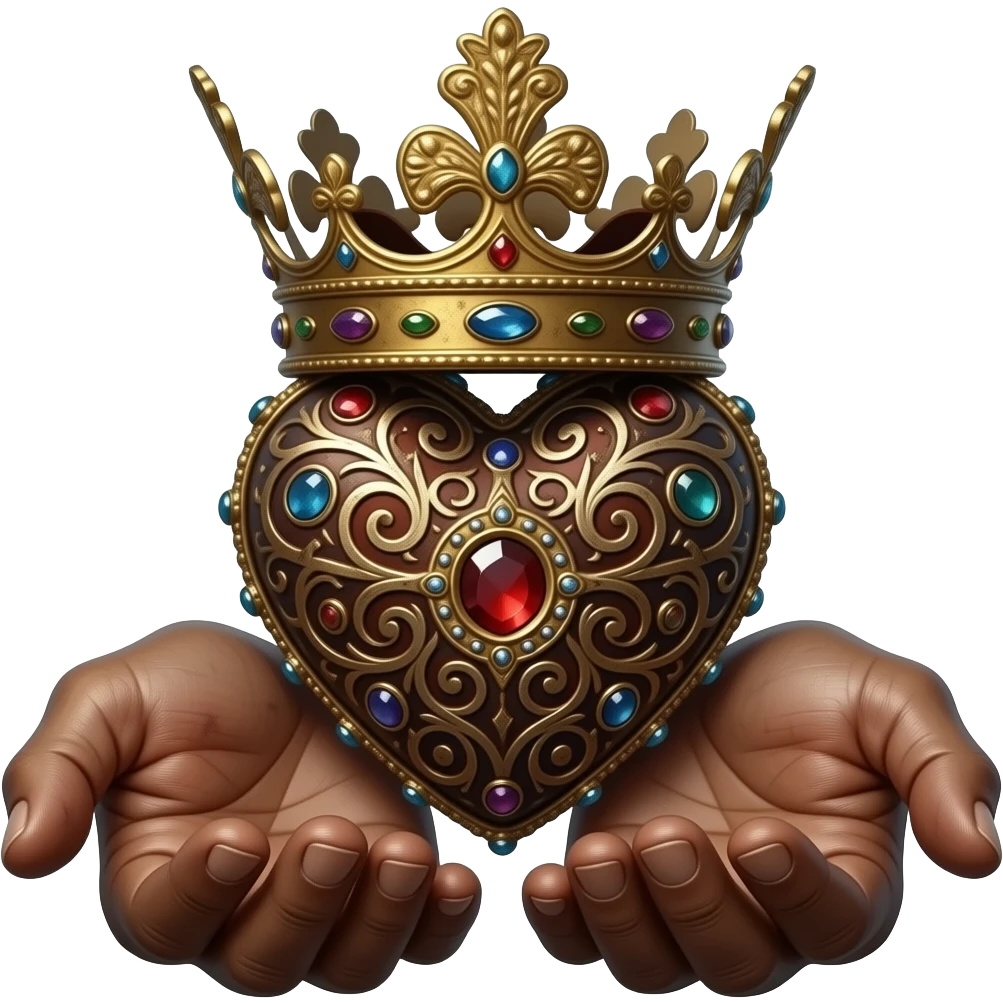 two dirty hands touch with their fingers (fingers are facing down and palms are facing up)  a rusty heart richly ornamented with arabesques and studded with precious stones with a richly decorated royal crown, dramatic lighting - backlight emoji