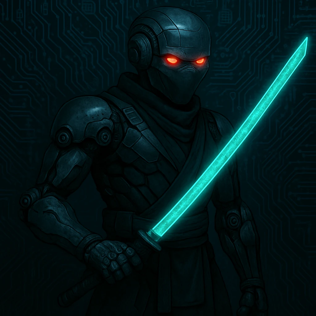 Add a glowing digital sword to the cyber ninja, keeping the original style and background intact. The style is cyber ninja with a digital, futuristic look, so the sword should have a glowing, high-tech digital effect that fits seamlessly with the cyber ninja theme. emoji