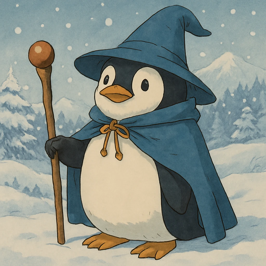 Add a snowy landscape background behind the penguin wizard, keep all original colours and lighting emoji