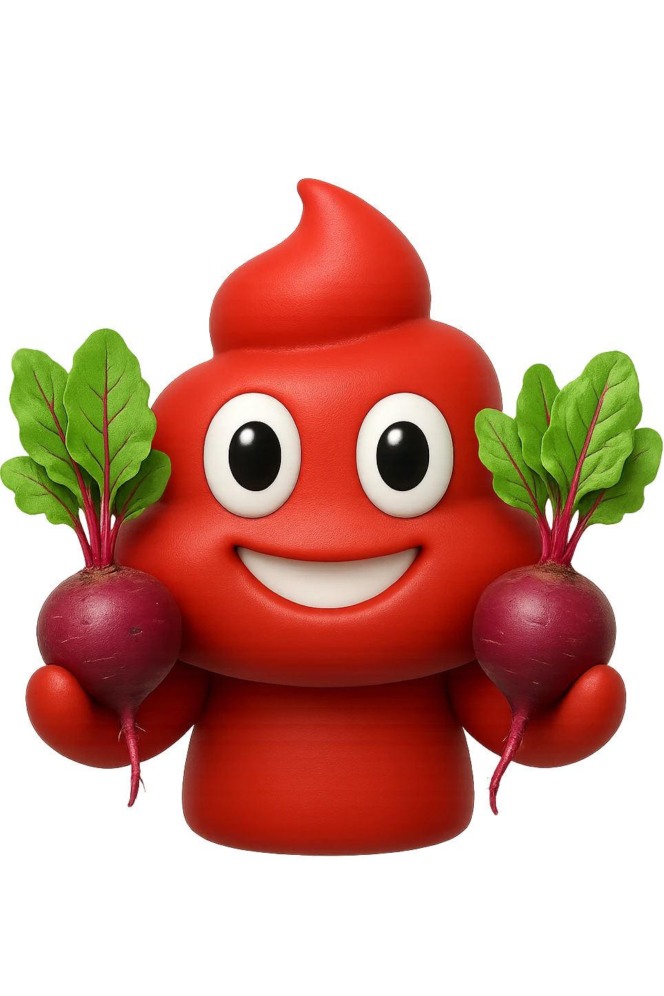emoji stile iphone 3d di una cacca rossa con barbabietole in mano, iperrealistiche 4k emoji