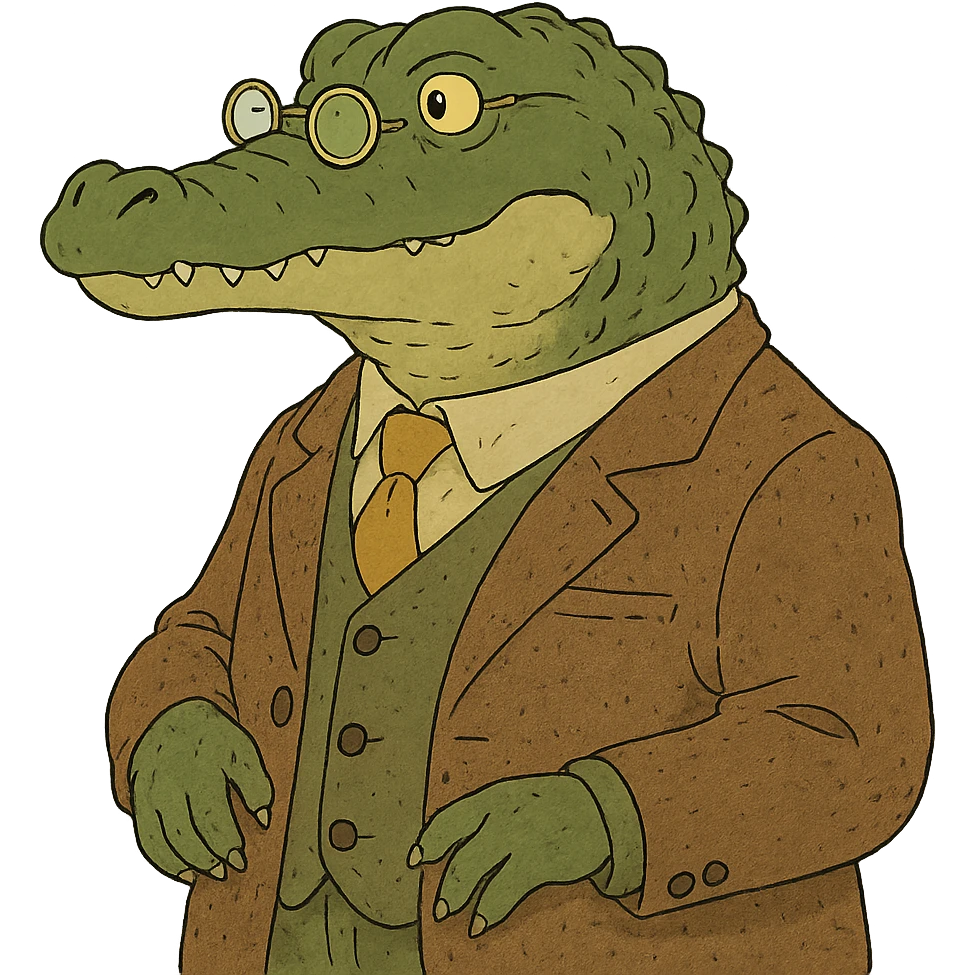 ghibli style alligator professor with spectacles and tweed jacket emoji