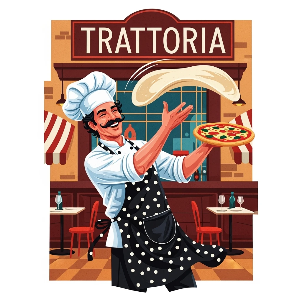 digital vector art of smiling Italian chef spinning pizza dough emoji