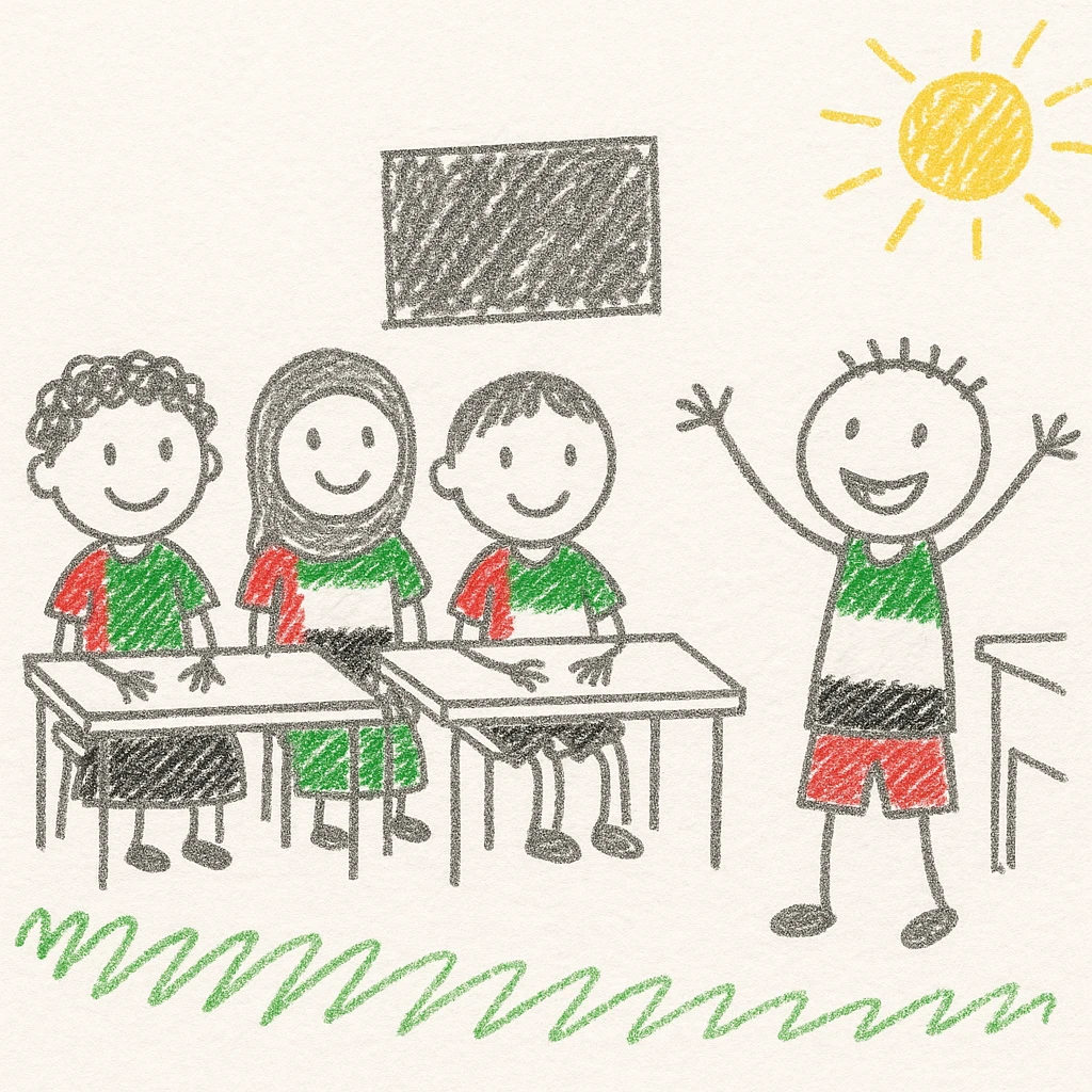 group of diverse children in a classroom, one child enthusiastically participating, all wearing elements inspired by the UAE flag colors, playful and kid-friendly illustration emoji