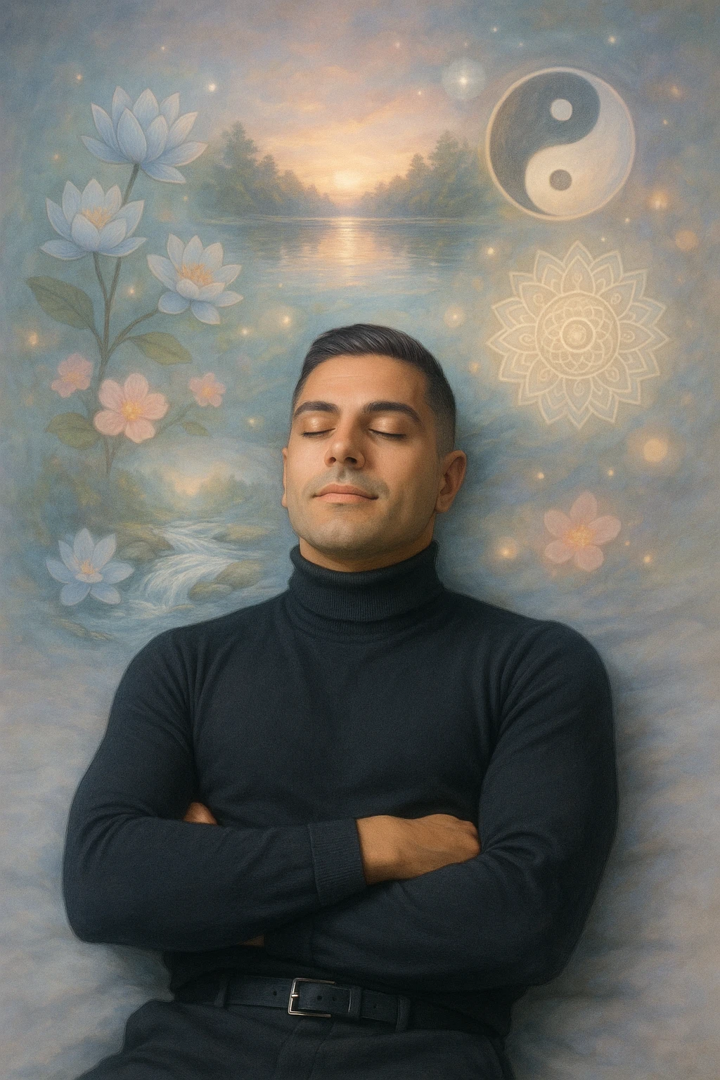 Un uomo sdraiato su un letto o una superficie fluttuante, con un'espressione serena e gli occhi chiusi. Attorno a lui, proiettate dalla sua mente, si materializzano immagini vivide di benessere e armonia: emoji