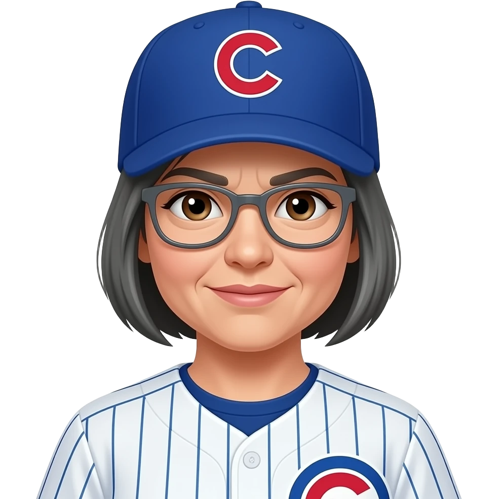 Female, brown eyes, medium gray short hair, gray glasses, wrinkles by mouth, cubs cap and uniform emoji