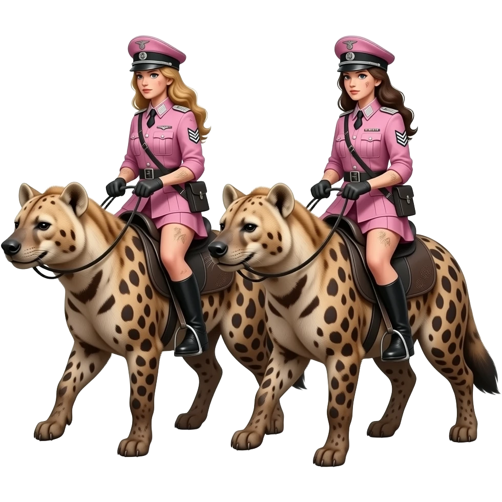 steampunk - Two skinny and dirty female riders in pink German Army uniforms from World War II ride jumping on large tattooed hyenas in a messy composition. emoji