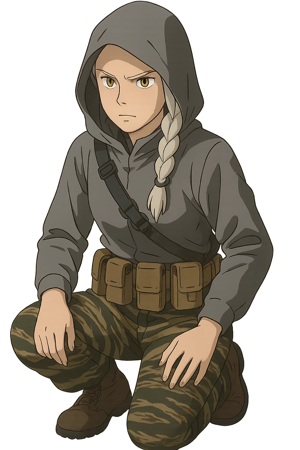 1 female, mid-20's  white hair long braid, gold yellow eyes, gray waterproof tactical shirt hoodie, hood up, single point sling, tan mag pouches on belt rig, tiger stripe camo pants, kneeling, stern focused expression emoji