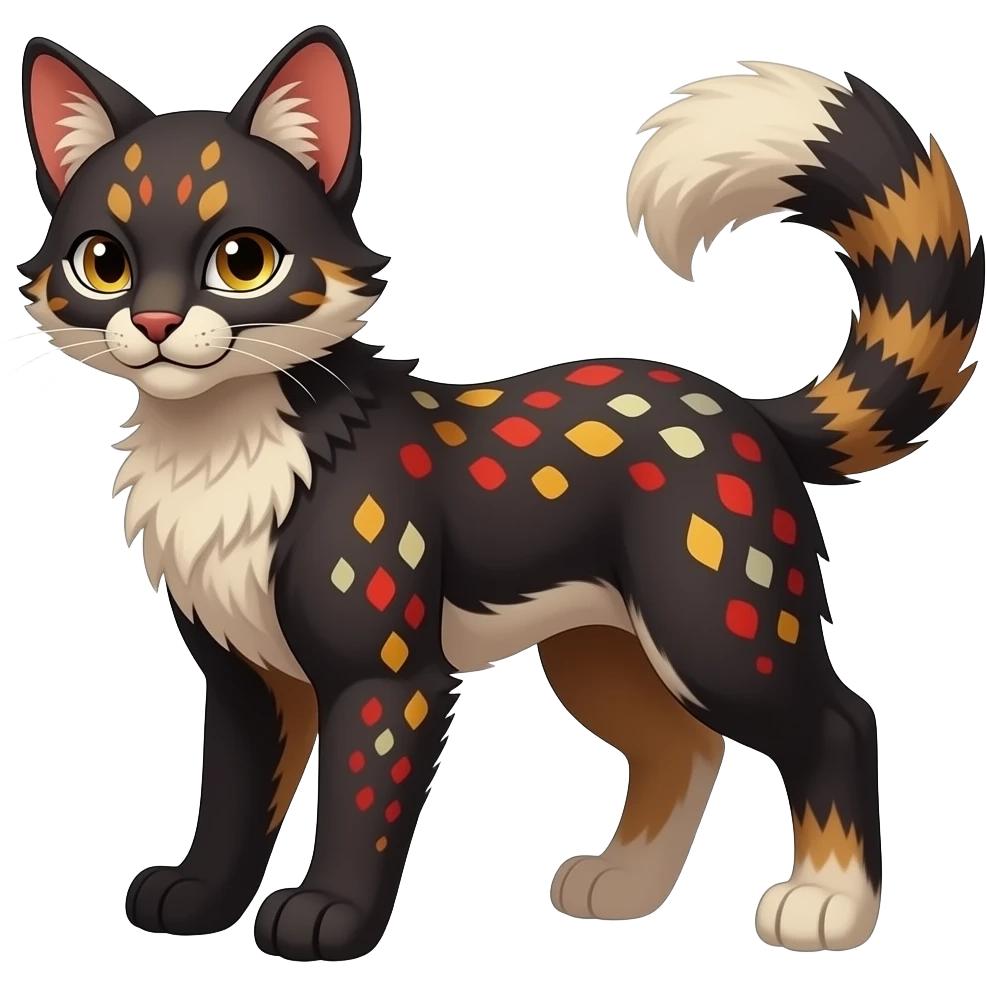 Dark gloomy red-golden-brownish-beige-gradients colorful painted marked patterned Asian glorious divine exotic cute cool beautiful shiny beautiful fantasy-caracal-civet-genet-sergal-vernid-Cacomistle-oncilla-animal-Fakémon-hybrid-fursona (full body) emoji