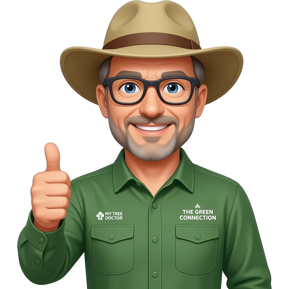wide-smiling middle-aged man blue eyes. Dark rectangle glasses, green-collared, long-sleeve shirt, thumbs up.  Wide-brim Australian Akubru hat.  Insert 'THE GREEN CONNECTION' in white directly onto the right side pocket & 'MY TREE DOCTOR' onto the left side pocket emoji