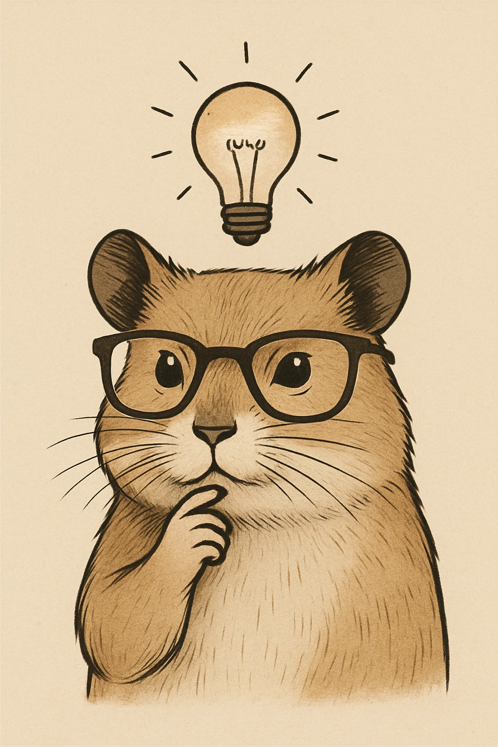a stylized illustration of a hamster with a paw on its chin, trendy glasses, and a bright idea lightbulb, not kiddish, mature and contemporary style emoji