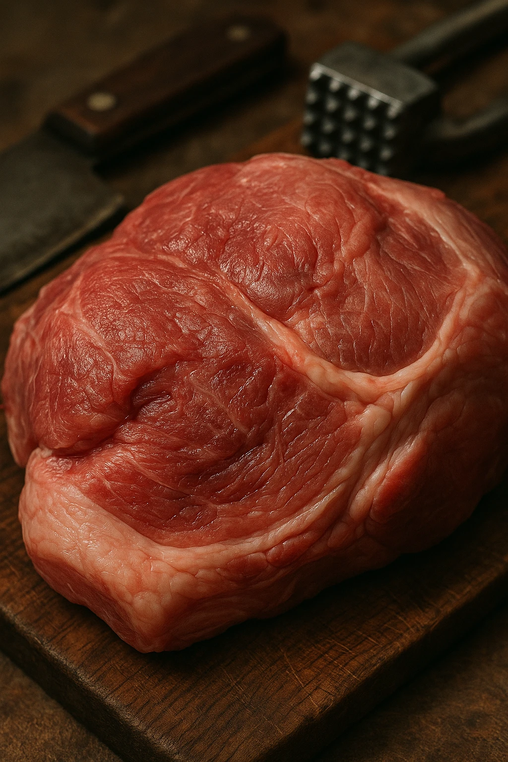 Macro fotografia di carne di maiale cruda, con dettagli che ricordano la consistenza e il colore della carne umana, posata su un tagliere di legno accanto a strumenti da cucina. Atmosfera realistica e leggermente inquietante. emoji