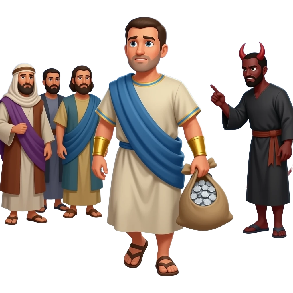 At night A full bodied short hair man standing  by, wearing old clothing from biblical times , holding a sack of 30 silver coins, walking away from isrealite leaders, looking nervous and Satan lurking near by emoji