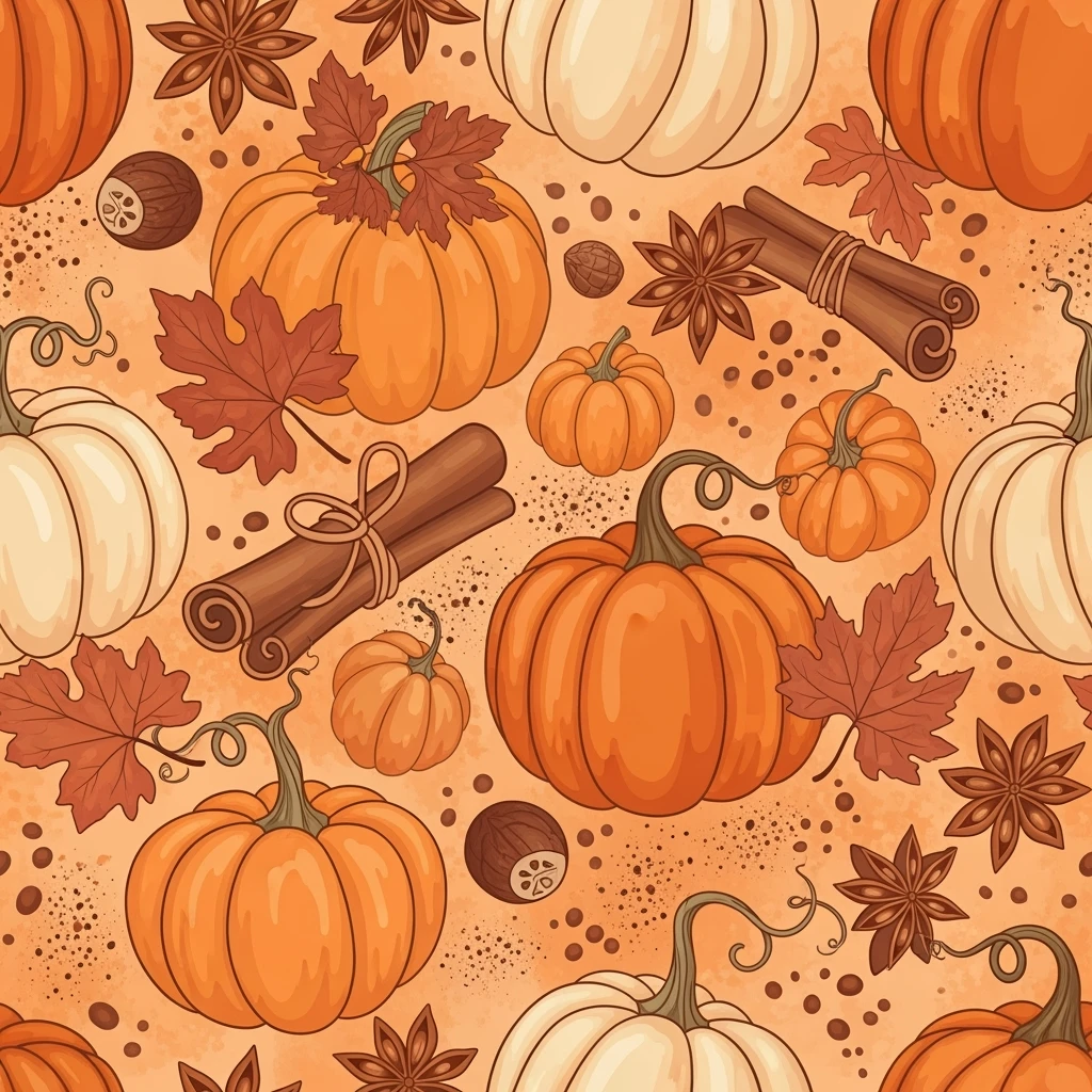 seamless pattern of pumpkins and pumpkin spice, warm orange and cinnamon tones, cozy autumn vibes, soft texture, vector style, high resolution emoji