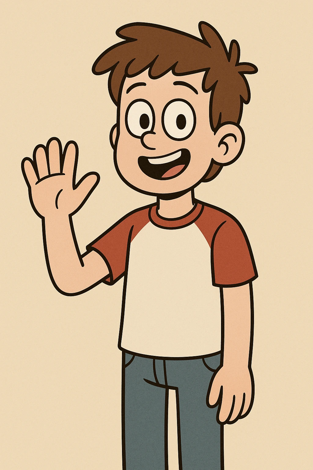 A boy brown hair black eyes red white shirt blue jeans a hand hello  emoji