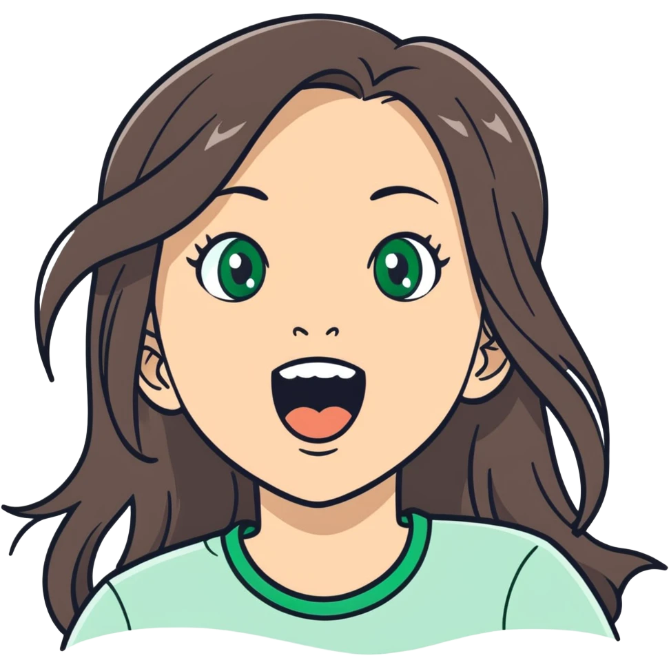 white girl, long brunette hair, green eyes screams screams with delight joy on her face emoji