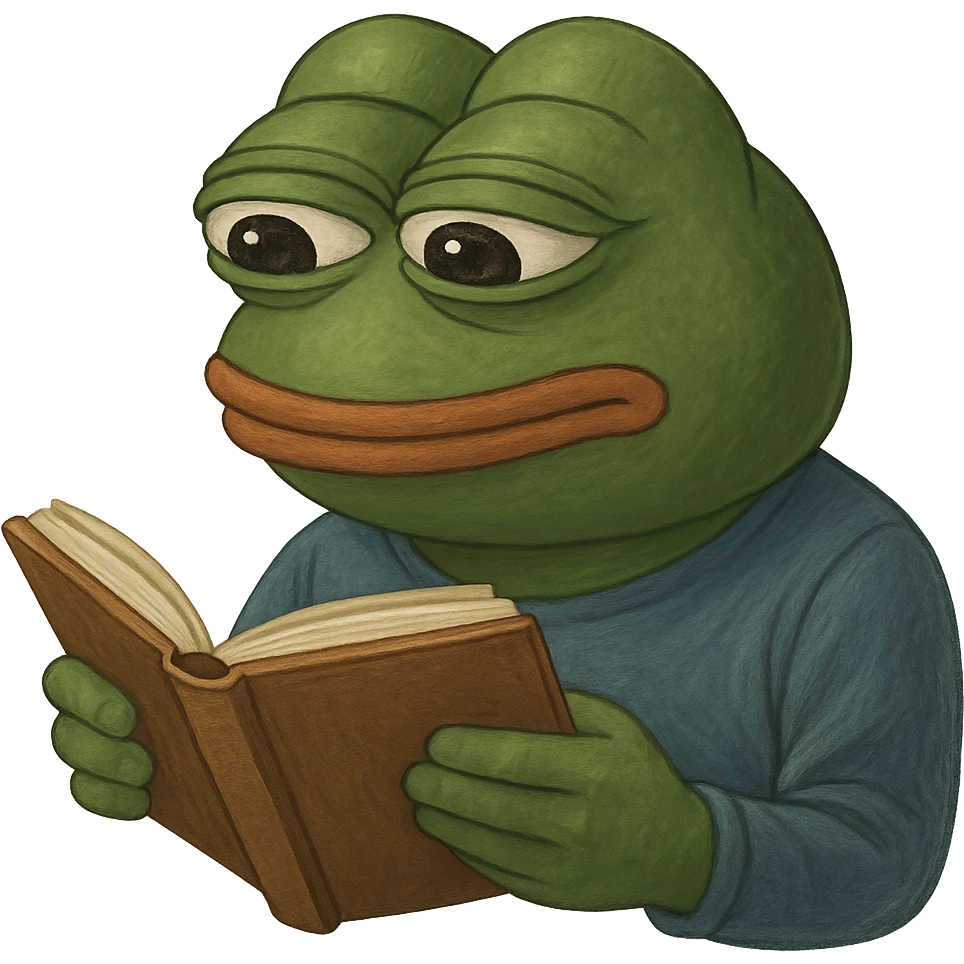 pepe the frog reading a book, calm and detailed, gpt-image style emoji