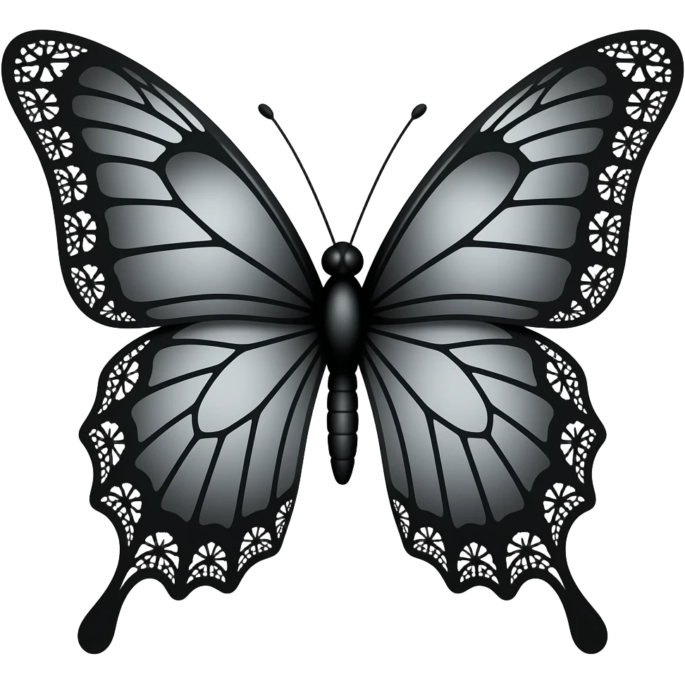 3D gothic butterfly, elegant subtle black, subtle black grey gradient black filigree, subtle gradient black lace trim,, elegant emoji