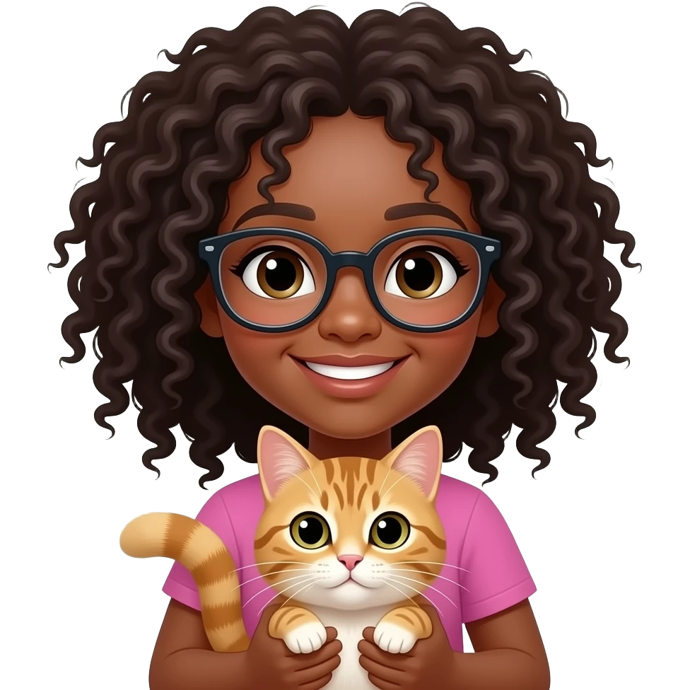 Menina preta com cabelo cacheado e óculos segurando um gato emoji