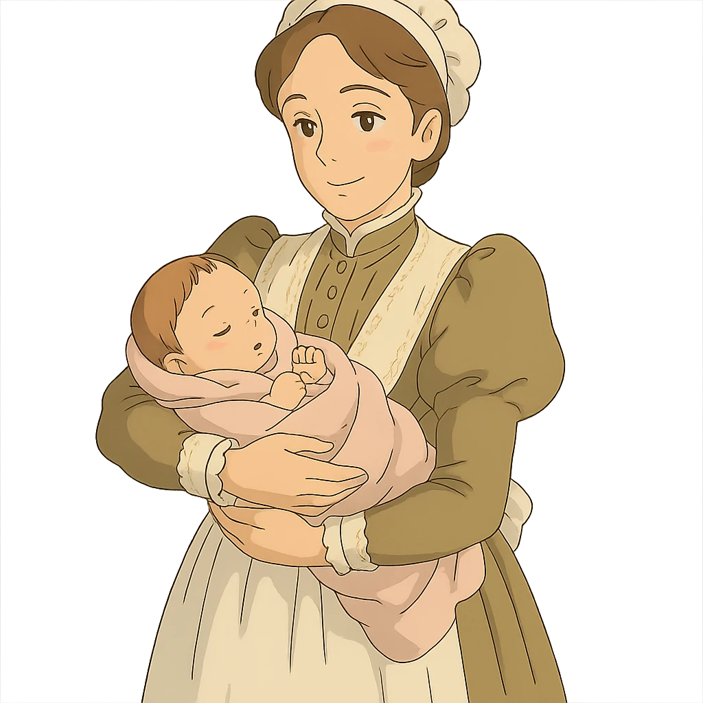 victorian midwife with background holding a baby emoji