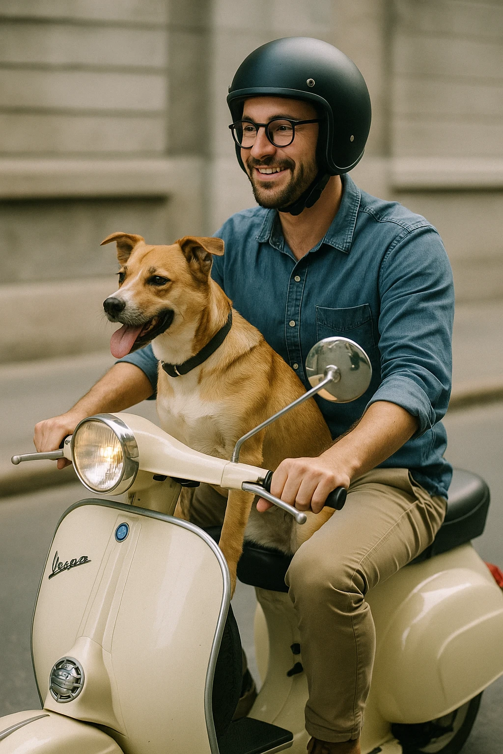man and his pet dog riding a vespa emoji