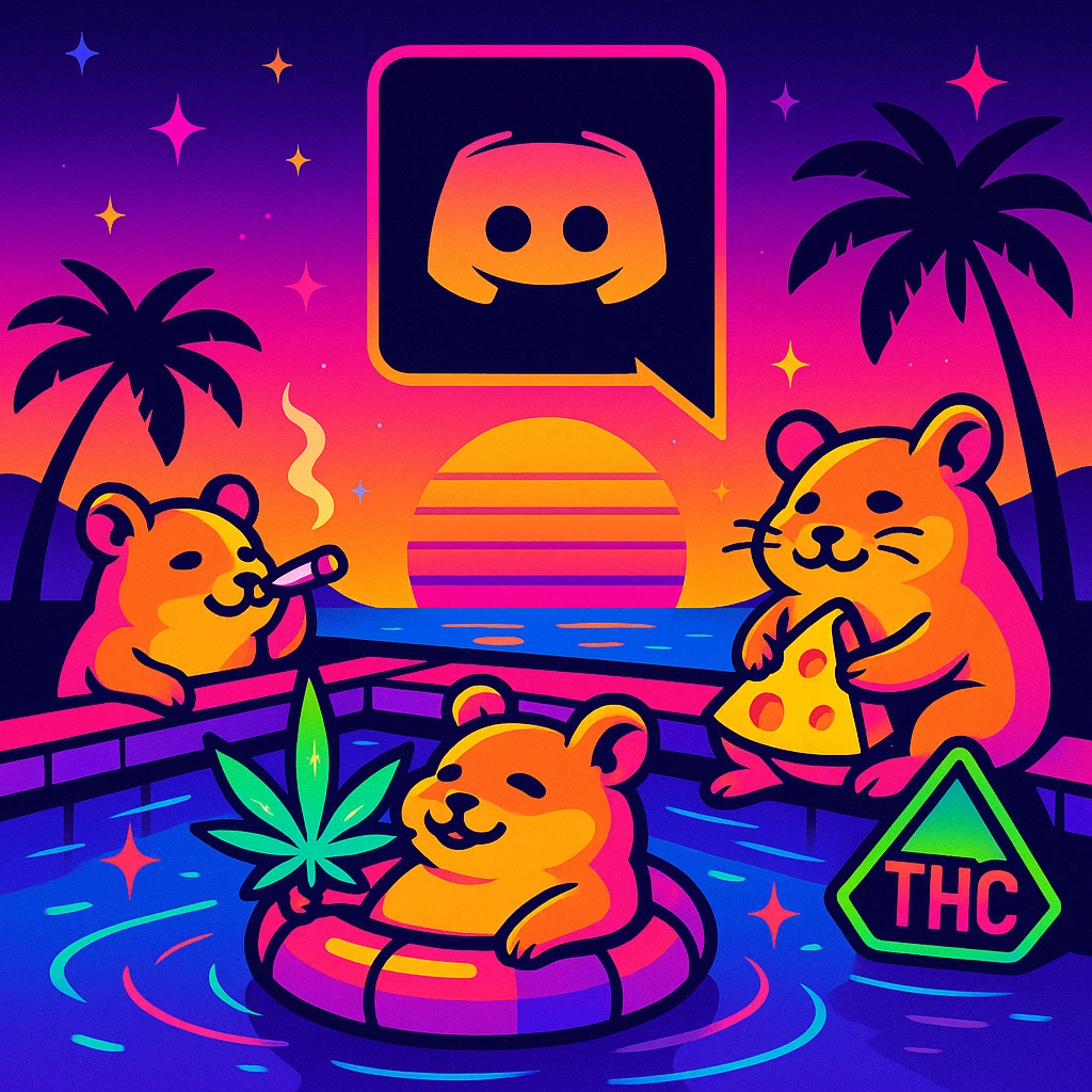 Discord server icon, square format, vibrant pool party at sunset with up to 3 hamsters, weed, cheese, and THC theme, no disco ball, synthwave style, bold neon colors, high contrast, dreamy gradients, sparkles, nostalgic, fun, inviting, summer party vibe, clear composition, less cutesy emoji