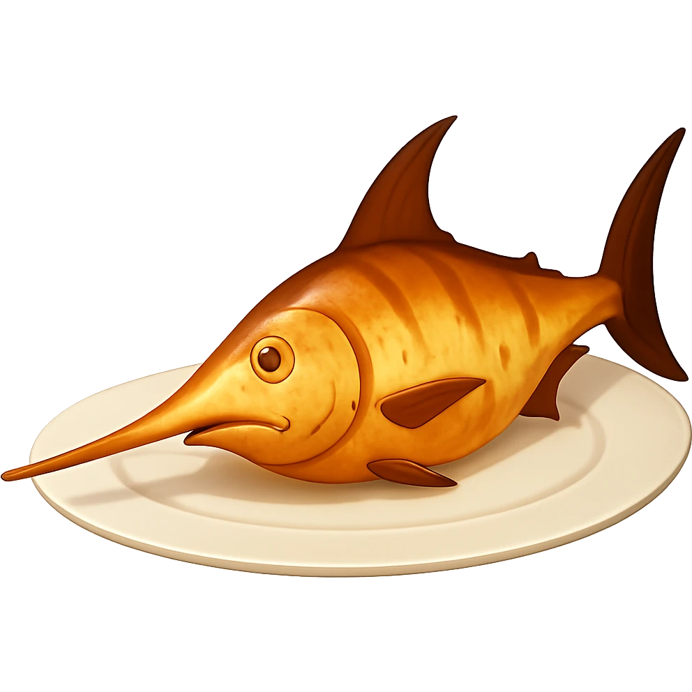 Remove the background and make it transparent. Keep the cooked swordfish on a plate with sword-like bill in the style of emoji style. emoji