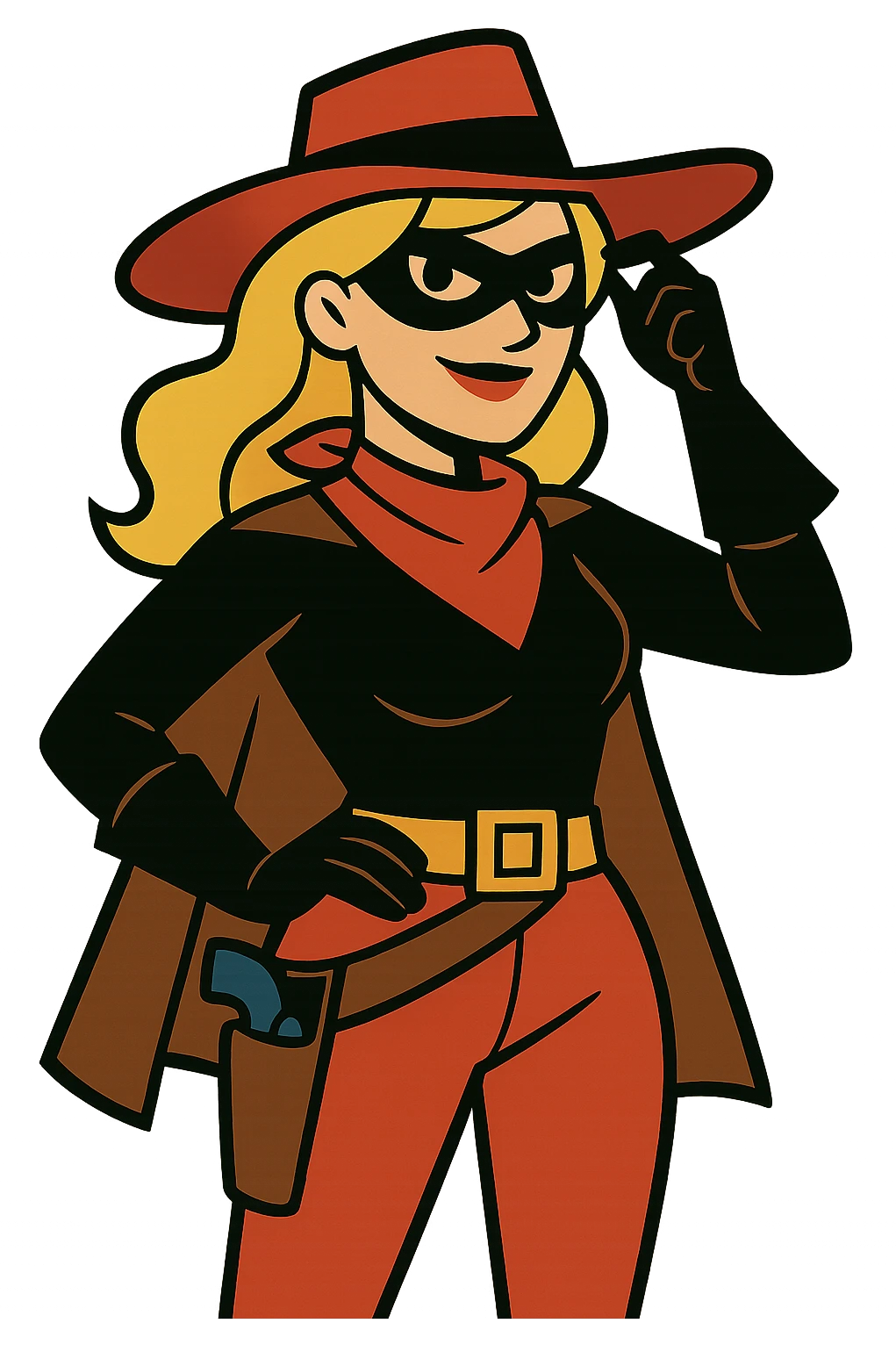 blonde woman wearing bandit outfit, confident face, illustration style emoji