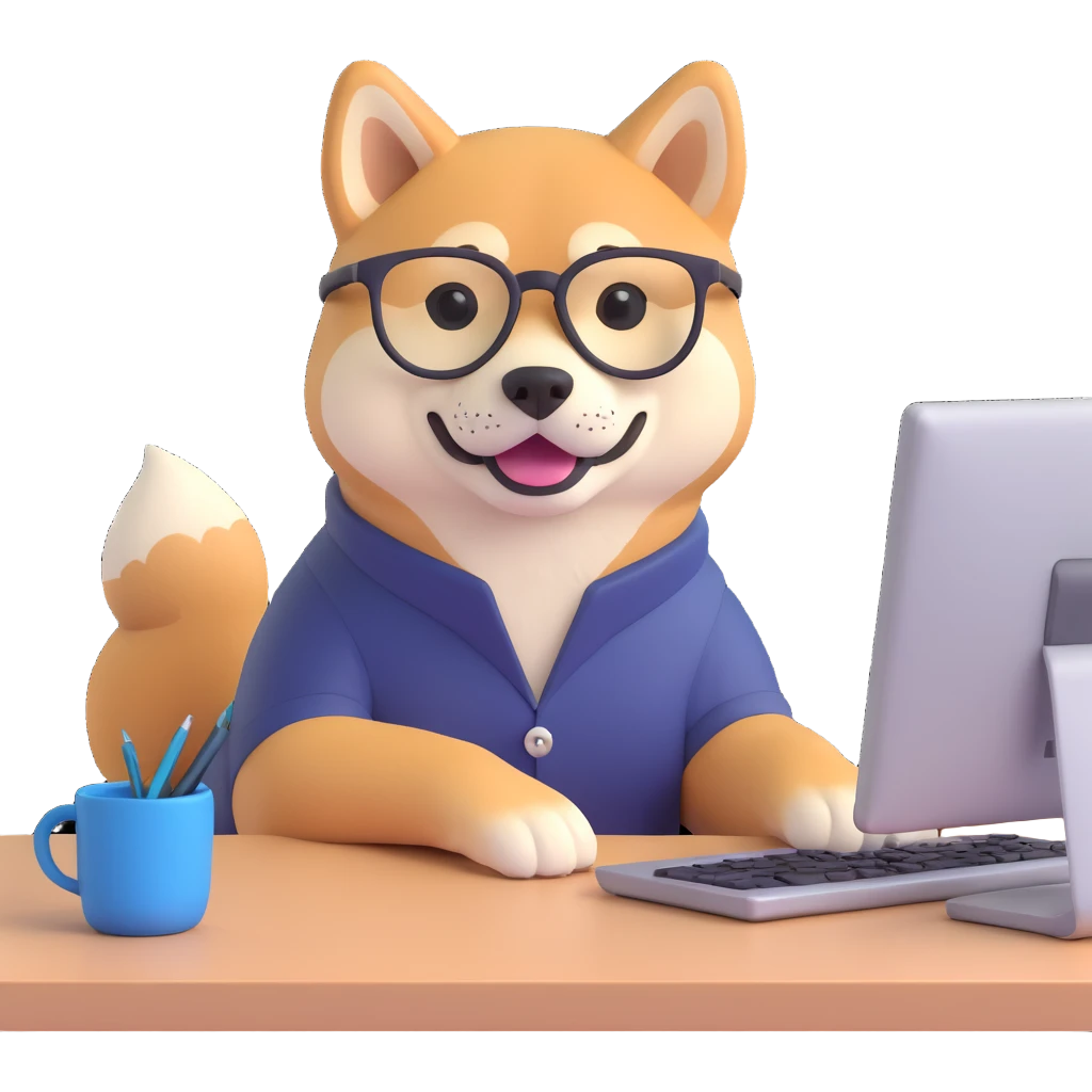 shiba inu with eye glasses and computer emoji