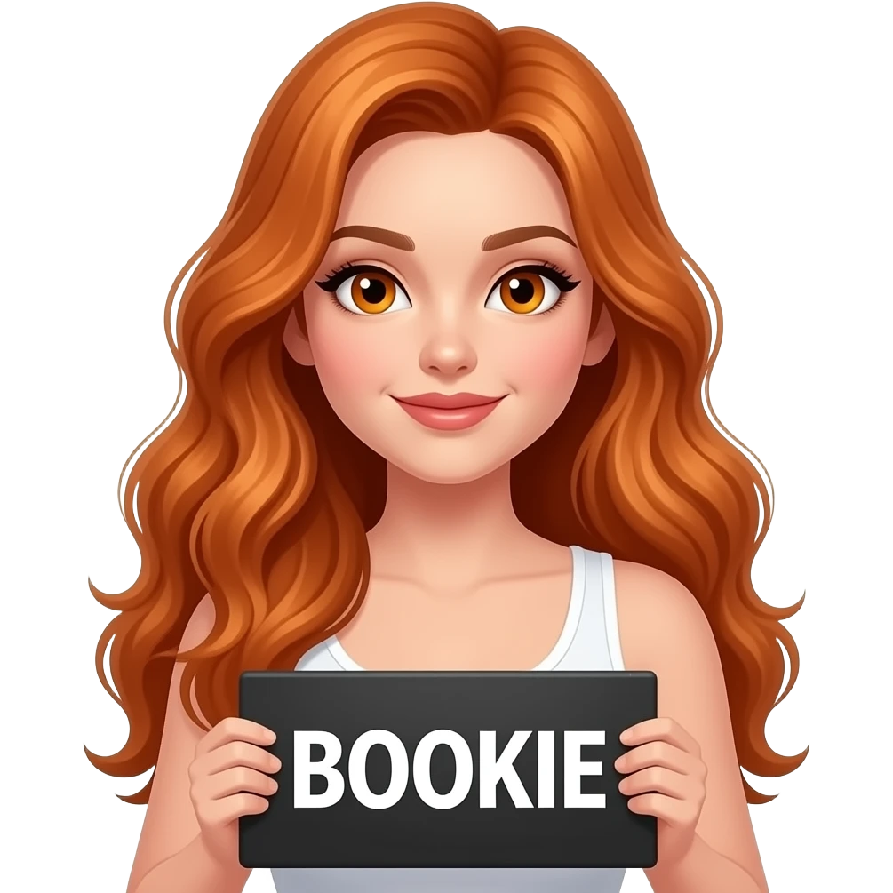 sexy girl with long wavy ginger hair and ginger eyes wearing a white tanktop is holding a black colored sign with BOOKIE written on it emoji