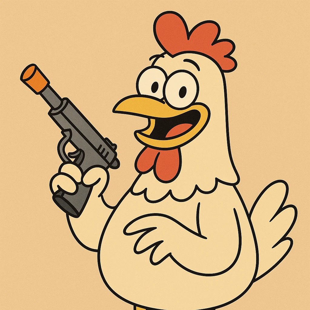 cartoon chicken holding a prop gun with an orange tip, silly and lighthearted, vibrant colors emoji