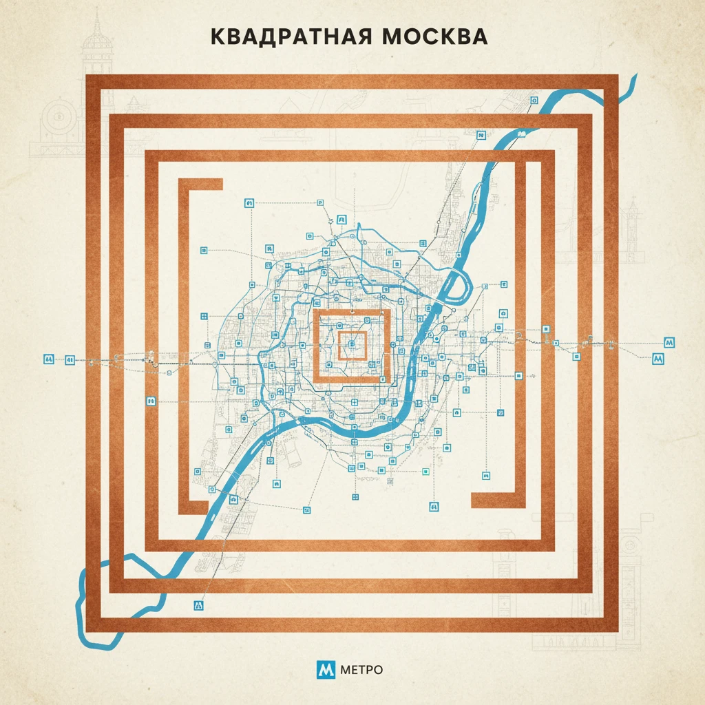 Карта квадратной Москвы, в которой вместо 3 колец - 3 больших квадрата

И станции метро раскиданы emoji